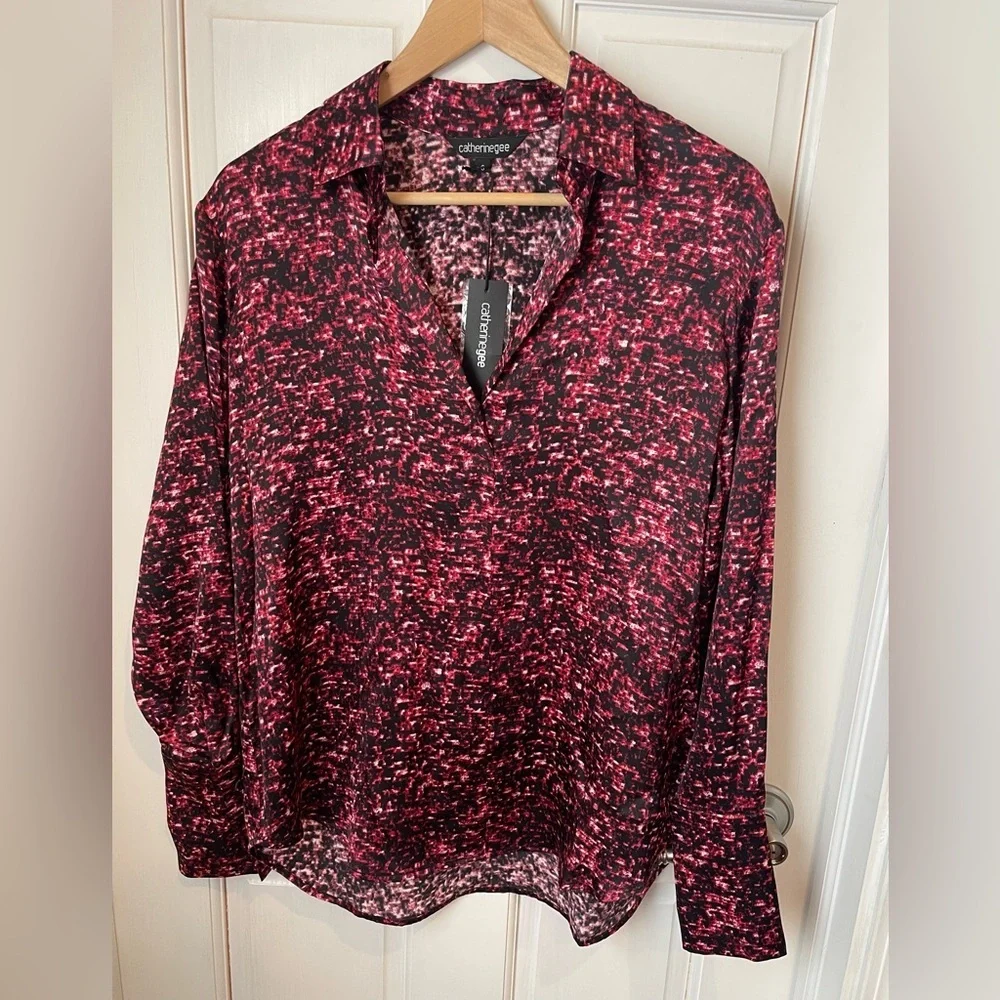 Catherine Gee Daria French Cuff 100% Silk Red Sequin Blouse Oversized S - Picture 1 of 7